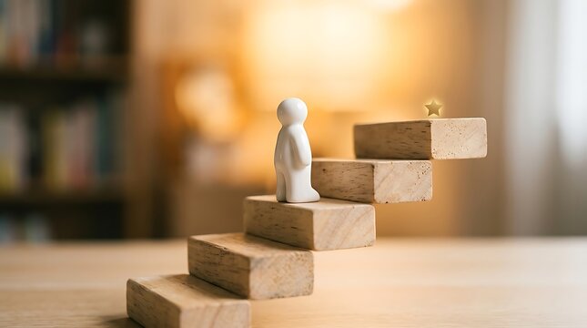 Small white human figure standing on wooden stairs reaching for a gold star in a bright office environment