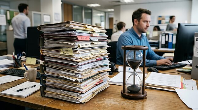 Large stack of paper files and an hourglass on an office desk with a busy employee working in the background