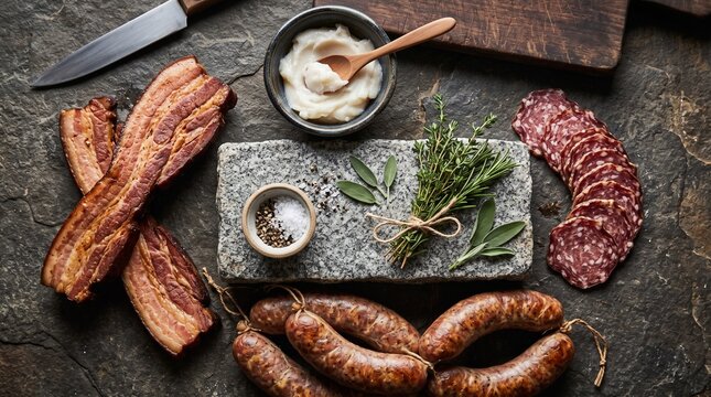 Cured pork meat presentation with bacon sausages and lard on stone slab representing artisan butchery