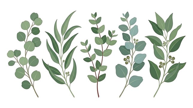 Set of grey eucalyptus leaves and branches with berries for floral design and natural botanical decoration elements