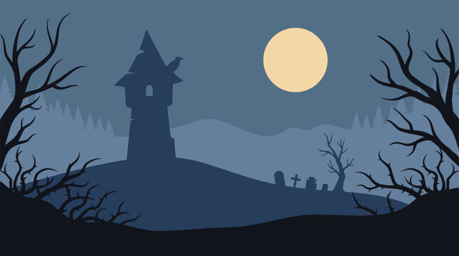 A spooky halloween background vector featuring a haunted house silhouette on a hill under a full moon in the night sky