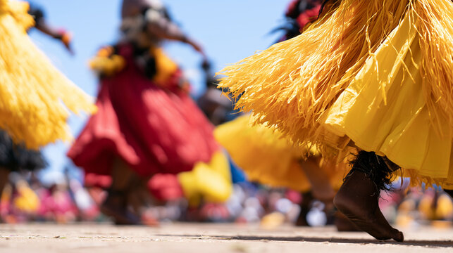 Vibrant Hura Tapairu Dancers Performing Traditional Polynesian Dance Movements in Colorful Grass Skirts During an Outdoor Cultural Celebration Event