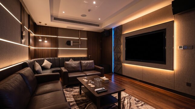 Empty luxury karaoke room interior with leather seating and warm wooden wall panels representing entertainment lounge