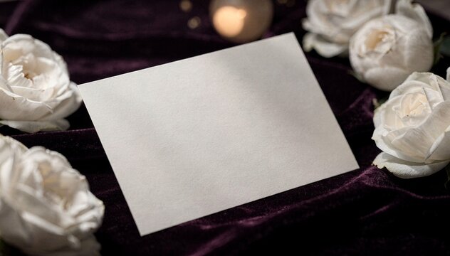 Elegant blank cream invitation card with white roses on deep purple velvet, romantic wedding stationery mockup, soft candlelight glow, luxurious floral flat lay design