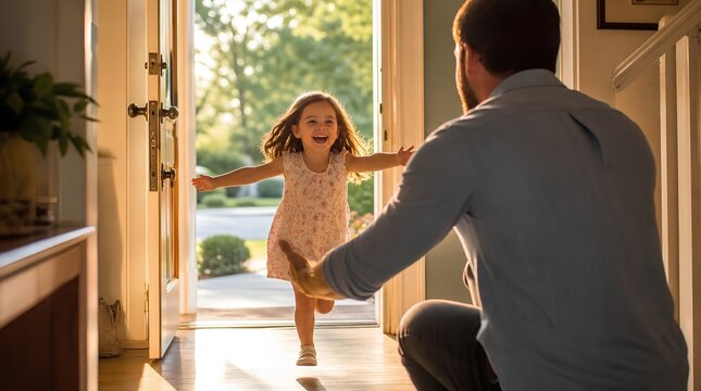 Joyful young girl running through sunlit doorway to warmly hug her returning father in bright cozy home hallway during golden summer afternoon embrace moment