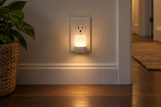 Warm plug-in night light in a quiet hallway at dusk