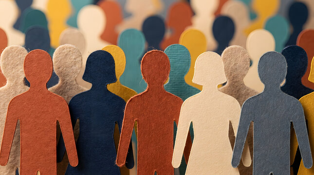 Group of colorful paper cut out human figures standing together