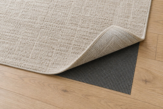 Nonslip mesh pad beneath a lifted beige area rug