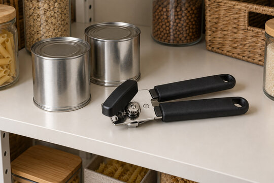 Manual can opener beside two unlabelled food cans