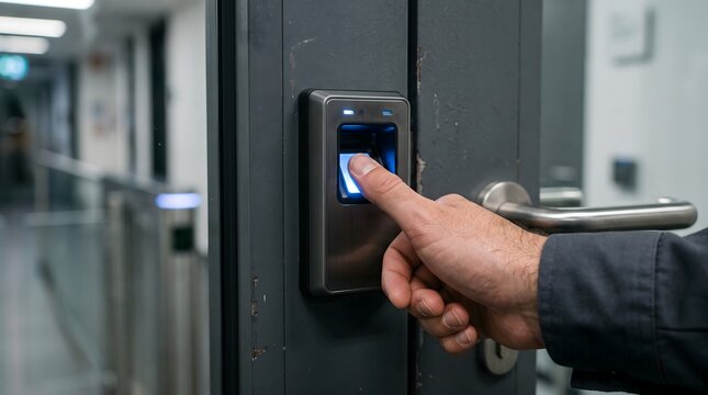 Person using biometric fingerprint scanner for secure office access