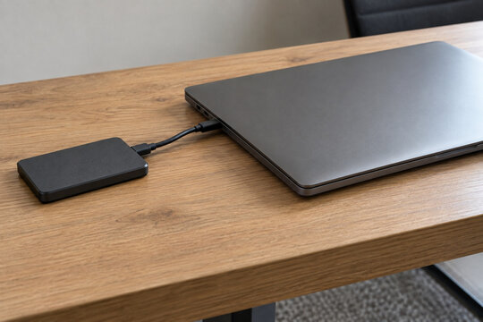 External SSD connected to a closed laptop for backup