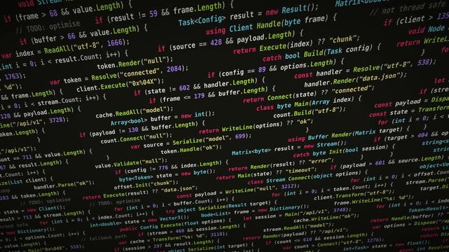 Abstract programming code background, digital data stream, colorful computer script, modern technology concept, software development, cybersecurity, and artificial intelligence. 4k