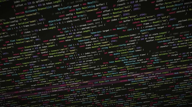 Abstract digital code rain, colorful programming language script falling on a dark screen, a dynamic data stream for technology and cybersecurity visuals 4k