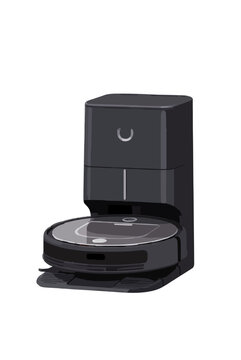 Vector icon illustration of a modern black robot vacuum cleaner charging on its docking station, a smart home appliance for autonomous floor cleaning, hand-traced design for web and print use