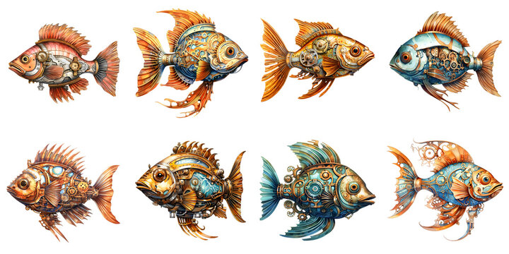 Collection of goldfish rendered in a steampunk style against a black backdrop