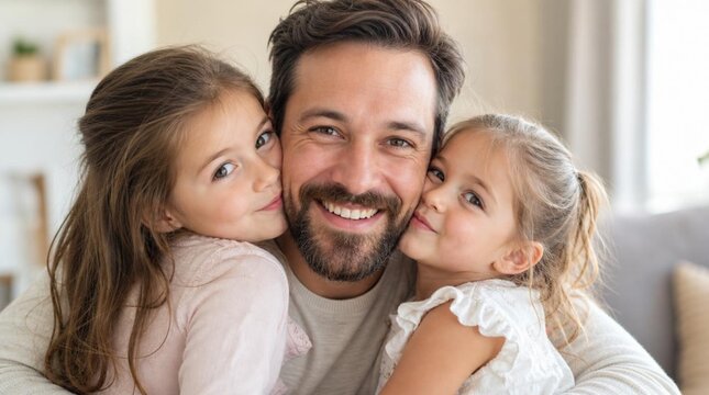 Cheerful bearded father hugging two adorable young daughters kissing his cheeks, loving happy family moment in cozy living room, smiling parenting love and bond