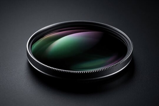 Professional camera lens filter lies on dark background. Macro shot shows optical glass with colorful light reflections. High quality photography equipment tool for controlling light, glare, lens