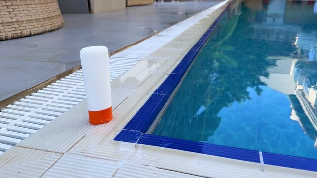 White sunscreen bottle with orange cap placed on the edge of a swimming pool, reflecting sunlight on the water surface, surrounded by tiled flooring and greenery