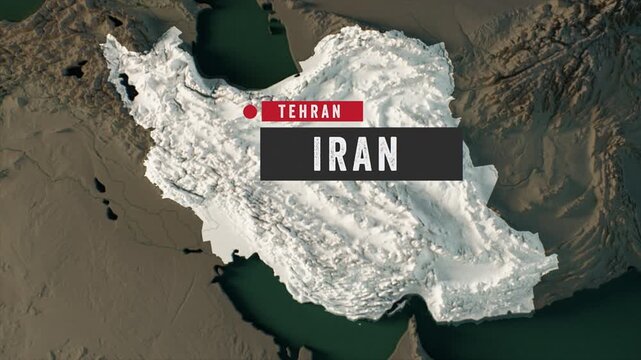 Iran Geopolitics Map Animation with Tehran Location Marker and Relief Terrain
