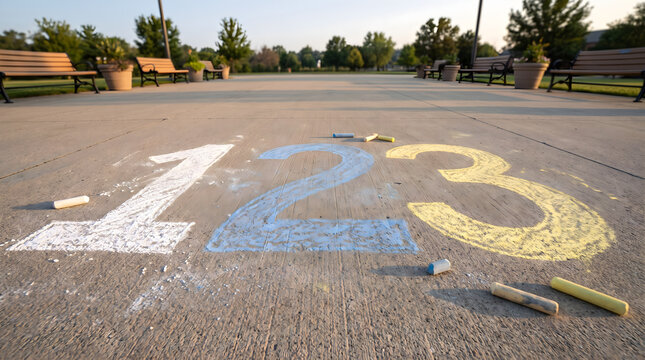 A ground level view of 1 2 3 chalk drawings on a concrete walkway in a park with benches in the background during sunset