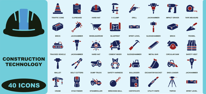 Forty construction technology featuring essential tools and heavy machinery equipment symbols