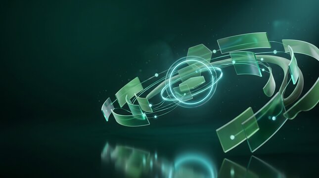 Abstract glowing circuit board elements with dynamic light trails on a dark teal background