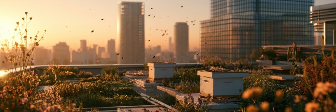 Two white Langstroth hives sit on a rooftop garden in a modern city at sunset, with skyscrapers and flowers around.