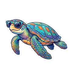 Fototapeta premium Colorful sea turtle wearing sunglasses isolated on white background