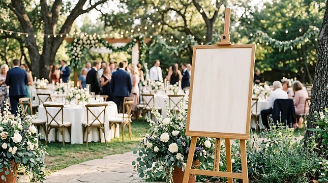 Blank wooden easel sign standing at a beautiful outdoor wedding reception with guests sitting at tables in a garden