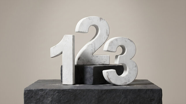 1 2 3 chalk numbers arranged on a textured stone pedestal for conceptual counting and education visual projects