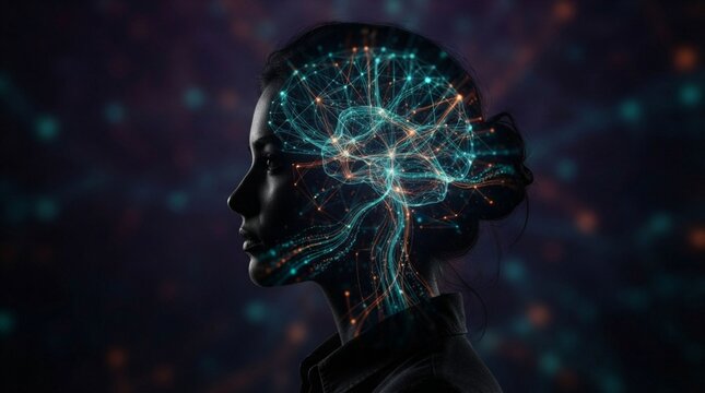 Conceptual double exposure of human profile with glowing digital neural network.