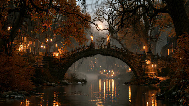 Mysterious arched stone bridge over a river in a misty autumn forest with glowing lanterns at dusk