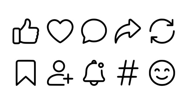 social media icons, like, comment, share, save, set of editable black line vector symbols