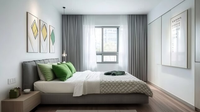 Modern bedroom with abstract art and comfortable bedding
