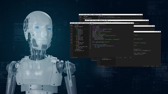 Motion graphic of a humanoid robot analyzing cybersecurity program code in digital windows, creating a futuristic artificial intelligence concept for technology presentations.