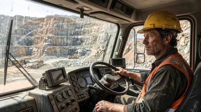 Haul truck driver inside cabin looking at stone quarry cliff
