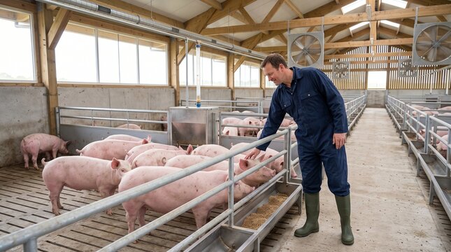 Farmer inspecting pigs in modern barn representing animal husbandry and sustainable livestock farming