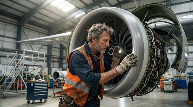 Professional Aircraft Technician Inspecting Jet Engine in Hangar