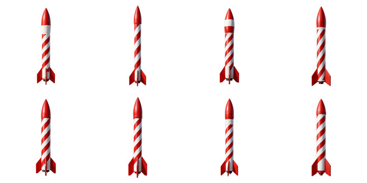 Collection of red and white rockets set against a stark black background
