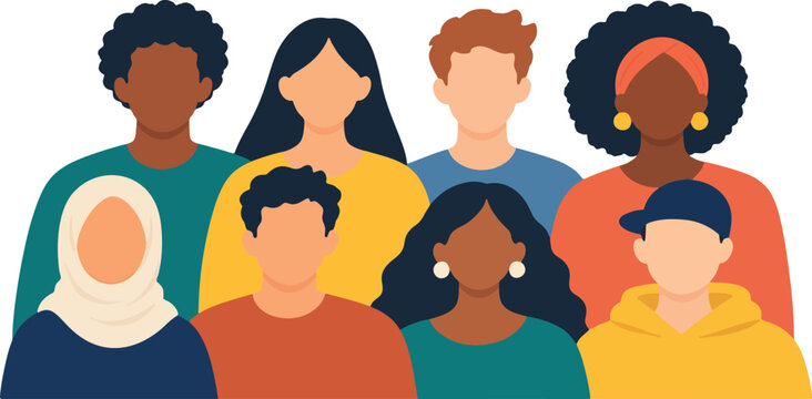 Diverse Group of Seven People Standing Together in Flat Vector Illustration