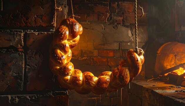 Close-up of a freshly baked golden braided loaf hanging in a cozy bakery with brick walls and an oven in the background. Ideal for promoting artisan baked goods, bakeries, traditional recipes, and com