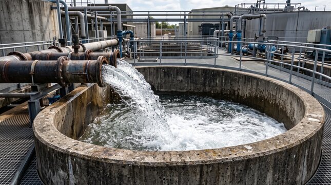Industrial wastewater treatment facility with aeration tanks, water flow and large-scale piping infrastructure. Concept of water purification, sewage treatment, environmental protection and industrial