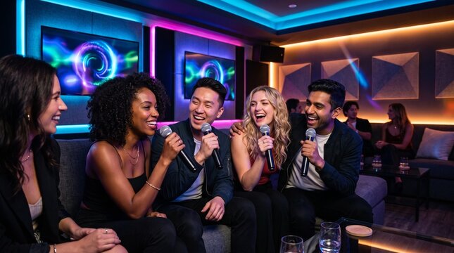 Diverse group of happy friends singing into microphones on sofa, depicting vibrant karaoke party and indoor night nightlife entertainment with neon lighting