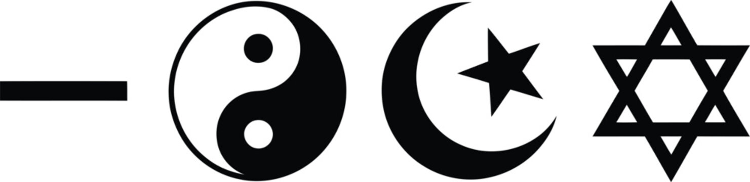 Set of black religious and spiritual symbols including a dash, yin yang, crescent moon with star, and star of david on a white background, for print