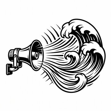 Vintage megaphone with ocean waves illustration, retro loudspeaker emitting sea water splashes, black and white nautical sound concept art