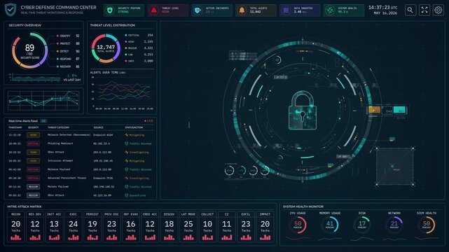 Motion graphic of a futuristic cybersecurity dashboard with a digital padlock, featuring real-time data monitoring and threat analysis designed for corporate network protection.