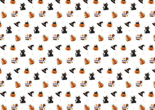 Cute Halloween Cat and Candy Seamless Pattern on Transparent Background