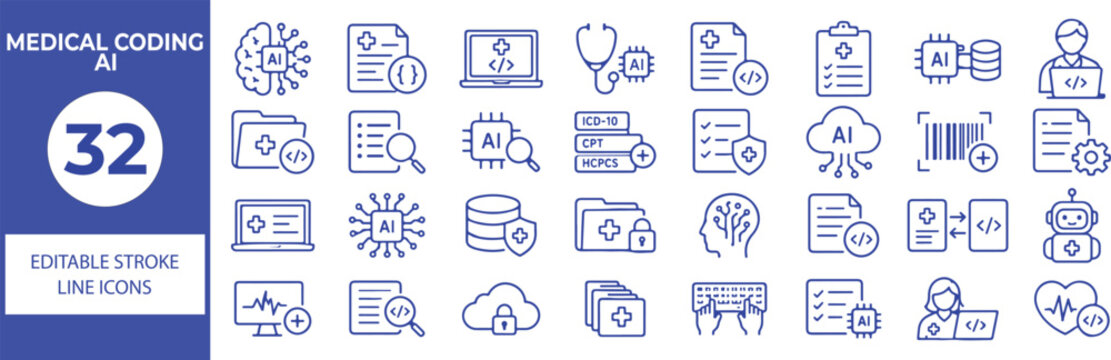 32 Medical Coding AI Vector Outline Icons Set,Healthcare Coding, Electronic Medical Records, Clinical Data, Medical Billing and Artificial Intelligence Line Symbols Collection