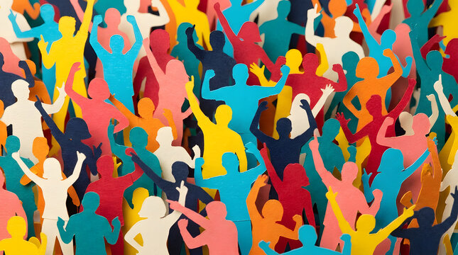 Multicolor paper cut out figures cheering with raised arms