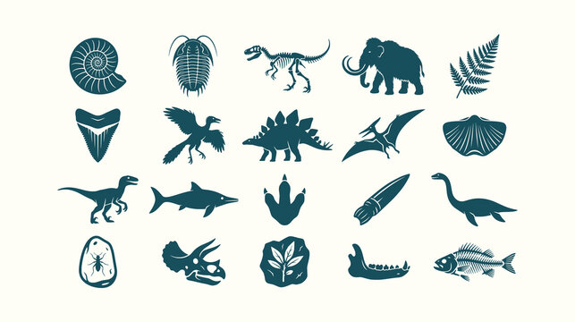 Set of prehistoric fossils, dinosaurs, ancient animals, skeletons and extinct species icons isolated